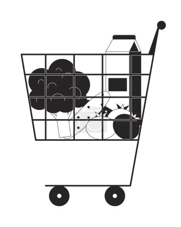 Illustration for Shopping cart with purchases flat monochrome isolated vector object. Healthy food in basket. Editable black and white line art drawing. Simple outline spot illustration for web graphic design - Royalty Free Image