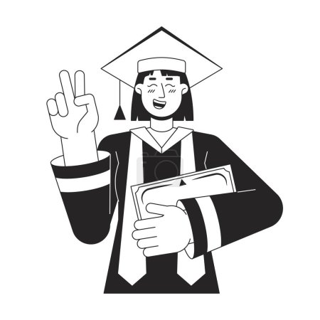 Illustration for Student girl in robe and academic cap flat line black white vector character. Editable outline half body student holds diploma. Education simple cartoon isolated spot illustration for web graphic - Royalty Free Image