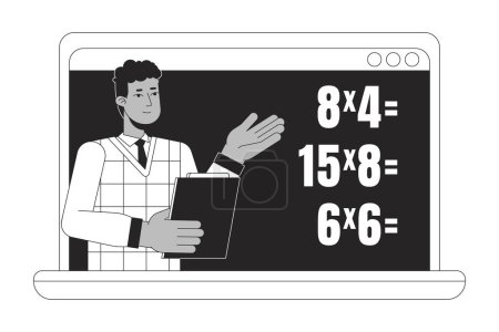 Illustration for Math online lesson on laptop flat line black white vector character. Editable outline half body of man explains math on white. Education character simple cartoon spot illustration for web graphic - Royalty Free Image