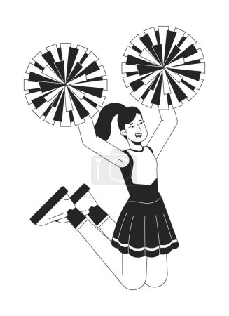 Illustration for Cheerleader girl jumping flat line black white vector character. Editable outline full body schoolgirl in uniform with cheerleading poms on white. Simple cartoon spot illustration for web graphic - Royalty Free Image