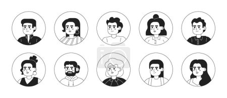 Illustration for Happy hispanic people monochrome flat linear character heads bundle. Young adult people. Editable outline people icons. Line users faces. 2D cartoon spot vector avatar illustration pack for animation - Royalty Free Image