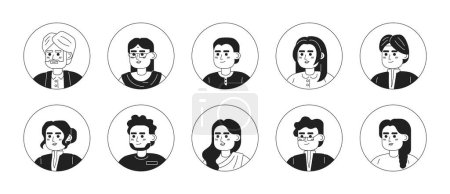 Indian in traditional clothes monochrome flat linear character heads set. Happy people. Editable outline people icons. Line users faces. 2D cartoon spot vector avatar illustration pack for animation