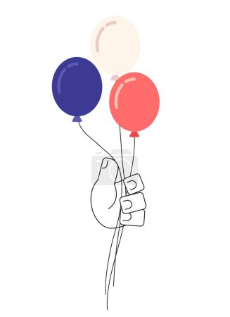 Illustration for July 4th balloons holding monochromatic flat vector hand. Americana red white and blue colors. Happy independence. Editable line clip art on white. Simple bw cartoon spot image for web graphic design - Royalty Free Image