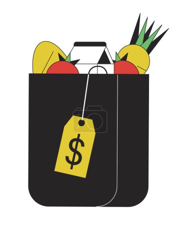 Illustration for Paper bag with goods flat line color isolated vector object. Expensive shopping in grocery. Editable clip art image on white background. Simple outline cartoon spot illustration for web design - Royalty Free Image