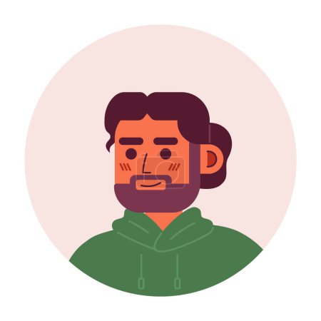 Illustration for Bearded spanish man semi flat vector character head. Charming male with bun hairstyle. Editable cartoon avatar icon. Face emotion. Colorful spot illustration for web graphic design, animation - Royalty Free Image