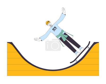Illustration for Excited man on skateboard flat line color vector character. Extreme sport. Editable outline full body skater have fun with skateboard on white. Simple cartoon spot illustration for web graphic design - Royalty Free Image