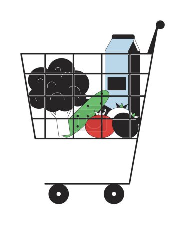 Illustration for Shopping cart with purchases flat line color isolated vector object. Healthy food in basket. Editable clip art image on white background. Simple outline cartoon spot illustration for web design - Royalty Free Image