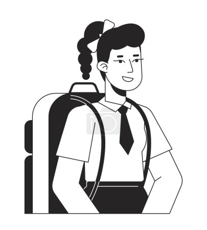 Illustration for Excited teen girl with ponytail hairstyle flat line black white vector character. Editable outline half body cheerful schoolgirl. Simple cartoon isolated spot illustration for web graphic design - Royalty Free Image