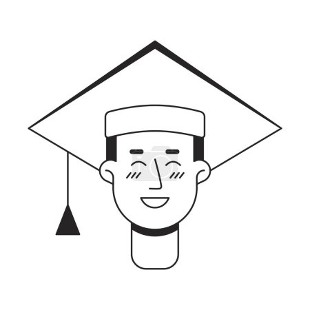 Téléchargez les illustrations : Heureux étudiant caucasien en chapeau académique monochrome tête de caractère linéaire plat. Contour modifiable dessiné à la main icône du visage humain. Illustration vectorielle de spot de dessin animé 2D pour l'animation - en licence libre de droit