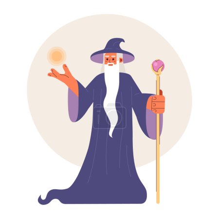 Illustration for Old wizard flat concept vector spot illustration. Mysterious magician with long silver beard and magic staff 2D cartoon character on white for web UI design. Isolated editable creative hero image - Royalty Free Image