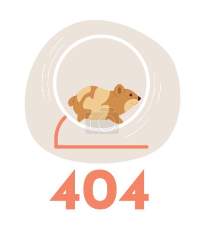 Funny hamster running in wheel error 404 flash message. Empty state ui design. Page not found popup cartoon image. Vector flat illustration concept on white background