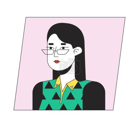 Téléchargez les illustrations : Femme brune dans des lunettes avec des cheveux courts couleur plate avatar icône de dessin animé. Illustration linéaire de portrait d'utilisateur 2D modifiable. Clipart de profil vectoriel isolé. Userpic, tête et épaules de personne - en licence libre de droit
