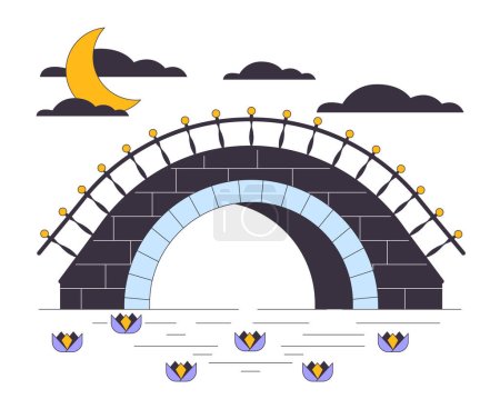 Illustration for Stone bridge under river flat line concept vector spot illustration. Moonlit night landscape 2D cartoon outline objects on white for web UI design. Editable isolated colorful hero image - Royalty Free Image