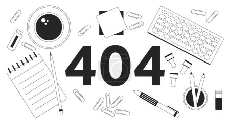 Illustration for Workplace black white error 404 flash message. Office supplies. Stationery for work. Monochrome empty state ui design. Page not found popup cartoon image. Vector flat outline illustration concept - Royalty Free Image