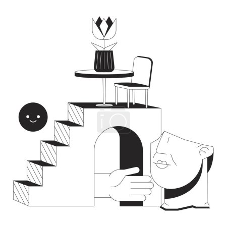 Illustration for Abstract composition flat monochrome isolated vector object. Table and chair on stairs.Editable black and white line art drawing. Simple outline spot illustration for web graphic design - Royalty Free Image