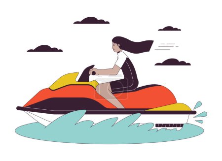 Illustration for Jet ski riding flat line vector spot illustration. Swimwear arab woman on water scooter 2D cartoon outline character on white for web UI design. Watercraft jetski editable isolated colorful hero image - Royalty Free Image