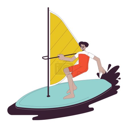 Illustration for Extreme windsurfing sport flat line vector spot illustration. Swimwear latino man surfing with sail 2D cartoon outline character on white for web UI design. Editable isolated colorful hero image - Royalty Free Image