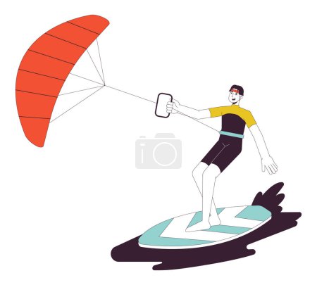 Illustration for Kitesurfing flat line vector spot illustration. Surfer with kite standing on board 2D cartoon outline character on white for web UI design. Water sports editable isolated colorful hero image - Royalty Free Image