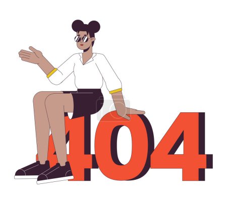 Illustration for African american young girl sitting on error 404 flash message. Sunglasses cool woman. Empty state ui design. Page not found popup cartoon image. Vector flat illustration concept on white background - Royalty Free Image