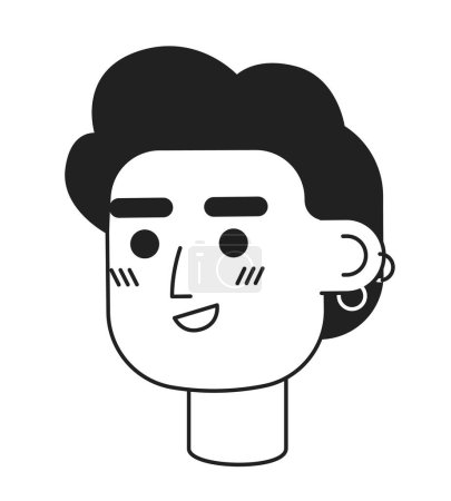 Ilustración de Hombre de pelo rizado con pendientes monocromo cabeza de carácter lineal plana. Esquema editable dibujado a mano icono de la cara humana. Empresario exitoso. Dibujos animados 2D vector spot avatar ilustración para la animación - Imagen libre de derechos