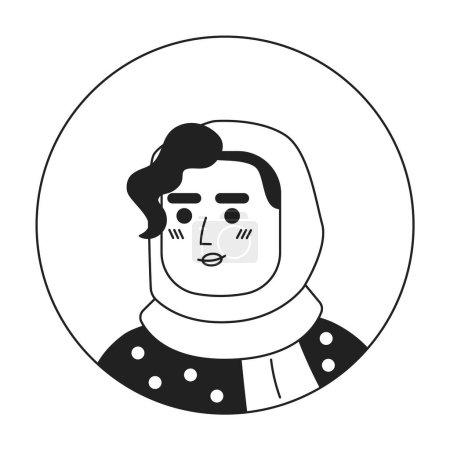 Illustration for Pretty woman in hijab with curly bangs monochrome flat linear character head. Happy lady. Editable outline hand drawn human face icon. 2D cartoon spot vector avatar illustration for animation - Royalty Free Image