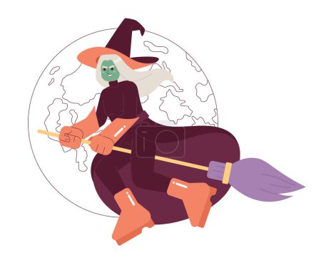 Illustration for Nasty witch fly around worlds flat concept vector spot illustration. Evil lady in witch hat 2D cartoon character on white for web UI design. Fairy tale character isolated editable creative hero image - Royalty Free Image