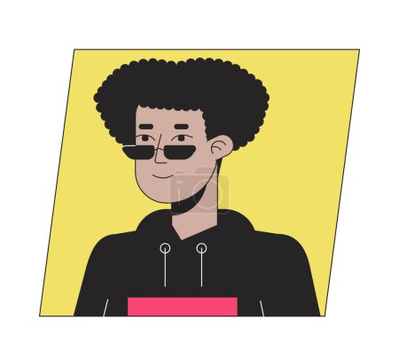 Téléchargez les illustrations : Homme hispanique à la mode dans les lunettes de soleil plat couleur dessin animé avatar icône. Illustration linéaire de portrait d'utilisateur 2D modifiable. Clipart de profil vectoriel isolé. Userpic, tête et épaules de personne - en licence libre de droit