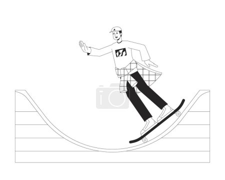 Illustration for Active man riding on skateboard flat line black white vector character. Editable outline full body skater doing tricks on ramp. Simple cartoon isolated spot illustration for web graphic design - Royalty Free Image