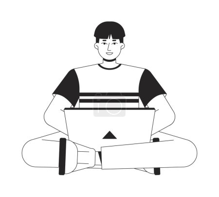 Téléchargez les illustrations : Homme asiatique avec ordinateur portable ligne plate noir blanc personnage vecteur. Programmeur complet de contour modifiable avec ordinateur portable. Illustration de spot isolé de dessin animé simple pour la conception graphique web - en licence libre de droit