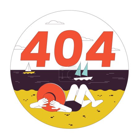Illustration for Vacation beach error 404 flash message. Lying sunbathing girl looking at ocean. Empty state ui design. Page not found popup cartoon image. Vector flat illustration concept on white background - Royalty Free Image