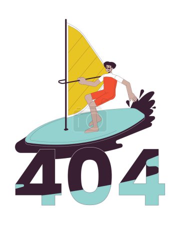 Illustration for Extreme windsurfing sport error 404 flash message. Swimwear latin man surfing with sail. Empty state ui design. Page not found popup cartoon image. Vector flat illustration concept on white background - Royalty Free Image