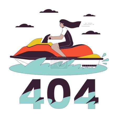 Illustration for Jet ski riding error 404 flash message. Swimwear arab girl on water scooter. Watersport. Empty state ui design. Page not found popup cartoon image. Vector flat illustration concept on white background - Royalty Free Image