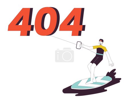 Ilustración de Kiteboarding error 404 mensaje flash. Recreación de deportes acuáticos. Surfista cabalgando con cometa. Estado vacío ui diseño. Página no encontrada imagen de dibujos animados emergente. Concepto de ilustración plana vectorial sobre fondo blanco - Imagen libre de derechos