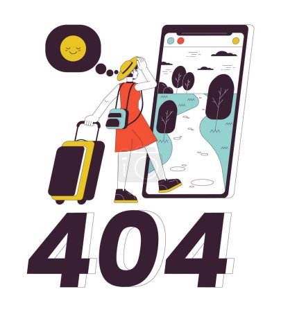 Illustration for Travel influencer going on vacation error 404 flash message. Travel blogger woman. Empty state ui design. Page not found popup cartoon image. Vector flat illustration concept on white background - Royalty Free Image