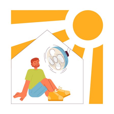 Illustration for Stay in air conditioned room flat concept vector spot illustration. European man sitting in front of fan 2D cartoon character on white for web UI design. Isolated editable creative hero image - Royalty Free Image