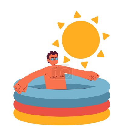 Téléchargez les illustrations : Illustration vectorielle de spot vectoriel de chaleur de piscine. Homme latino-américain dans la petite piscine pour enfants personnage de dessin animé 2D sur blanc pour la conception de l'interface utilisateur Web. Journée chaude isolé modifiable image de héros créatif - en licence libre de droit