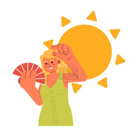 Illustration for Sunny summer exhaustion flat concept vector spot illustration. European woman cooling down with hand fan 2D cartoon character on white for web UI design. Isolated editable creative hero image - Royalty Free Image