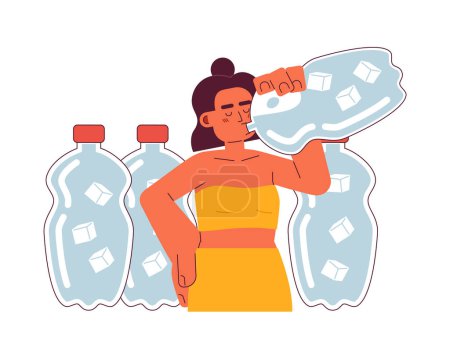 Illustration for Drink more water flat concept vector spot illustration. Latina woman drinking from water bottle 2D cartoon character on white for web UI design. Stay cool isolated editable creative hero image - Royalty Free Image