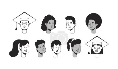 Illustration for Education characters monochrome flat linear character heads bundle. Excited people. Editable outline people icons. Line users faces. 2D cartoon spot vector avatar illustration pack for animation - Royalty Free Image