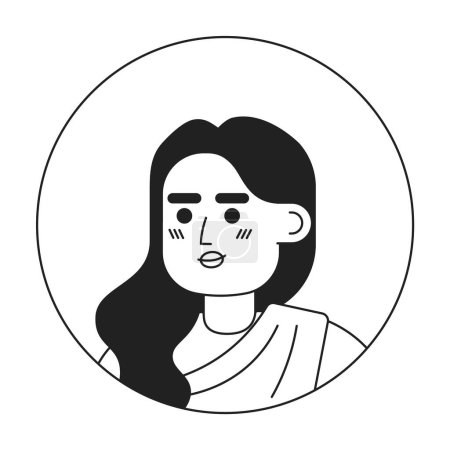 Téléchargez les illustrations : Femme indienne adulte sérieuse tête de caractère linéaire plate monochrome. Icône avatar de dessin animé modifiable. Brune cheveux bouclés en sari. Émotion du visage. Illustration de taches colorées pour la conception graphique web, animation - en licence libre de droit