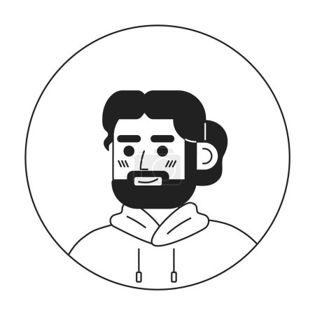 Illustration for Bearded spanish man monochrome flat linear character head. Charming male with bun hairstyle. Editable outline hand drawn human face icon. 2D cartoon spot vector avatar illustration for animation - Royalty Free Image