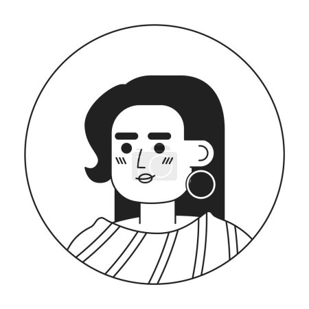 Téléchargez les illustrations : Auto-assurée hispanique femme monochrome tête de caractère linéaire plat. Cheveux longs et raides et boucle d'oreille. Contour modifiable dessiné à la main icône du visage humain. Illustration vectorielle de spot de dessin animé 2D pour l'animation - en licence libre de droit