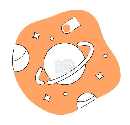 Illustration for Galaxy with planet and stars monochrome flat vector sticker. Falling comet. Editable black and white thin line icon. Simple cartoon clip art spot illustration for web graphic design - Royalty Free Image