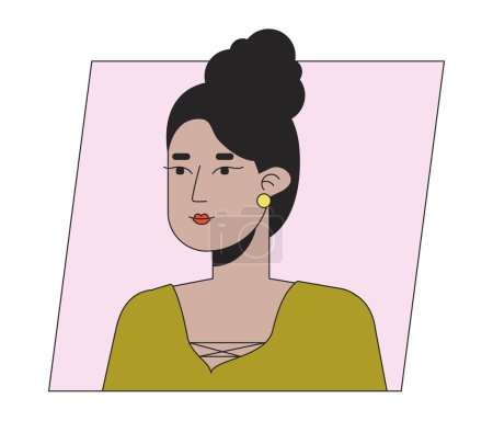 Téléchargez les illustrations : Attrayant indien femme avec chignon coiffure plat couleur dessin animé avatar icône. Illustration linéaire de portrait d'utilisateur 2D modifiable. Clipart de profil vectoriel isolé. Userpic, tête et épaules de personne - en licence libre de droit
