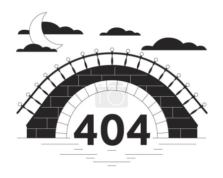 Illustration for Stone bridge black white error 404 flash message. Crescent between clouds. Night scenery. Monochrome empty state ui design. Page not found popup cartoon image. Vector flat outline illustration concept - Royalty Free Image