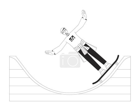 Ilustración de Hombre excitado en skateboard línea plana negro blanco vector carácter. Esquema editable skater cuerpo completo divertirse con el monopatín. Ilustración puntual aislada de dibujos animados simples para diseño gráfico web - Imagen libre de derechos