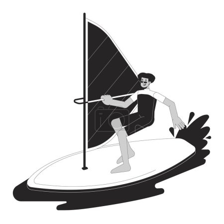 Illustration for Extreme windsurfing sport bw vector spot illustration. Swimwear latino man surfing with sail 2D cartoon flat line monochromatic character for web UI design. Editable isolated outline hero image - Royalty Free Image