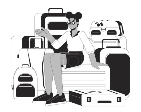 Illustration for Suitcase pile girl bw vector spot illustration. Sunglasses cool woman sitting on luggage bags 2D cartoon flat line monochromatic character for web UI design. Editable isolated outline hero image - Royalty Free Image