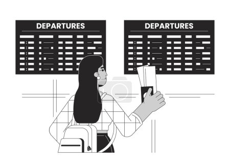 Illustration for Airport departure bw vector spot illustration. Travelling airport student female 2D cartoon flat line monochromatic character for web UI design. Girl with tickets editable isolated outline hero image - Royalty Free Image