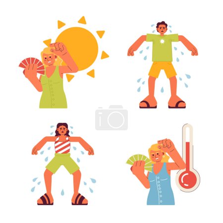 Ilustración de Conjunto de ilustración de vectores de concepto plano de advertencia de calor excesivo. La gente sudando bajo el sol 2D personajes de dibujos animados en blanco para el diseño de interfaz de usuario web. Caliente fuera aislado editable creativo héroe imagen pack - Imagen libre de derechos